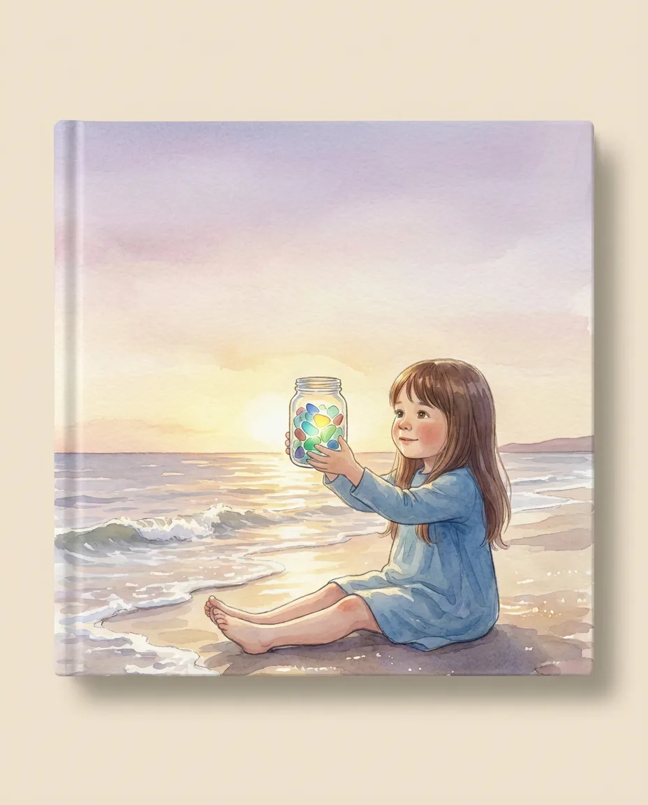 A square hardcover picture book, its cover a watercolour of a girl sitting on a beach at sunset, holding a jam jar of sea glass up to the light.