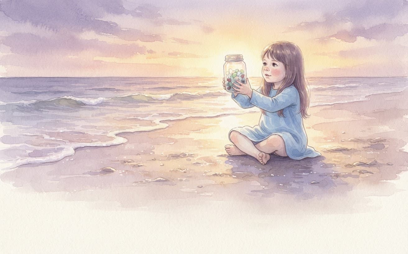 A watercolour of a girl sitting on wet sand at sunset, holding a jam jar of sea glass up towards the light.