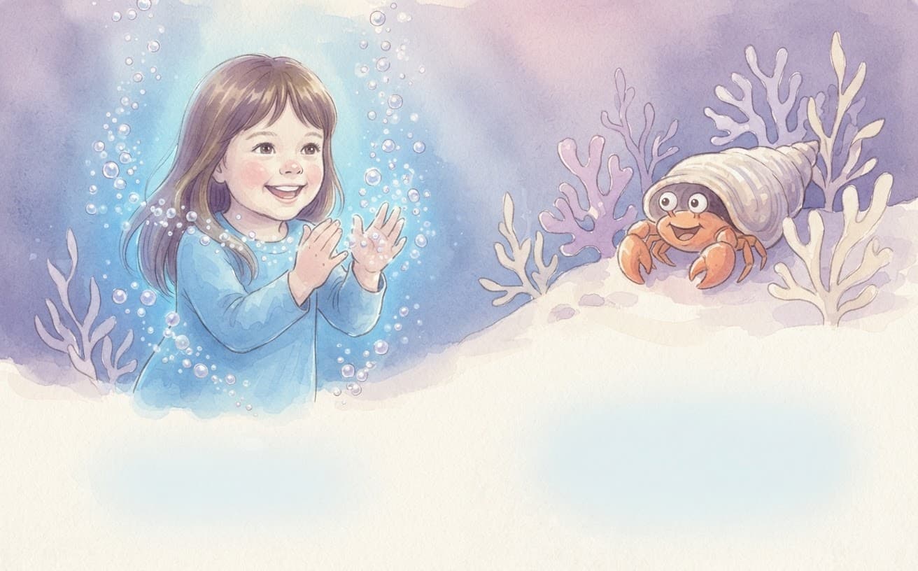 A watercolour of the same girl underwater, laughing among bubbles, with a hermit crab watching from the seabed.